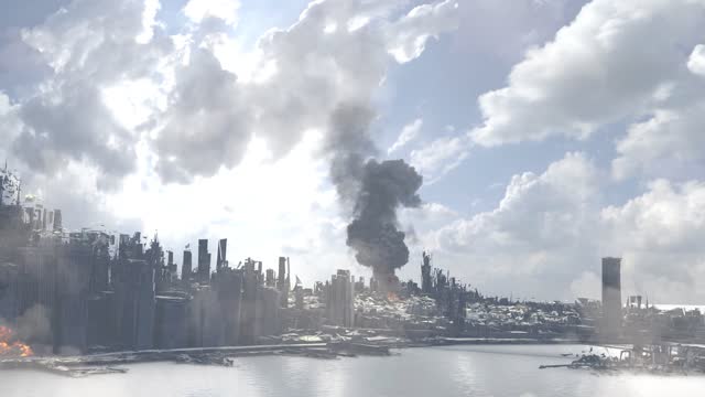 New York Manhattan city Destroyed after massive war, 2023, Aerial