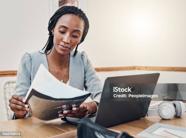 Black Woman With Business Documents Small Business Entrepreneur Working On Strategy And Planning Online Marketing Learning Startup Industry Vision Laptop For Advertising Company And Technology Job Stock Photo - Download Image Now