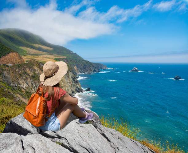 ragazza che si siede sulla cima della montagna godendo di una splendida vista. - coastline big sur usa the americas foto e immagini stock