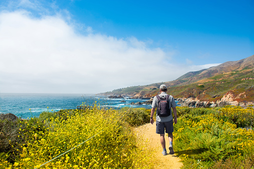 Man hiking alone on vacation. Summer mountain coastal landscape. View from highway 1. Big Sur, California, USA.
