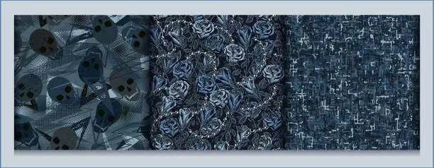 Vector illustration of Set of blue camouflage patterns with roses, skulls, small abstract shapes, chains, halftone.