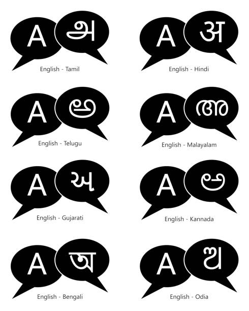 illustrations, cliparts, dessins animés et icônes de ensemble de traductions en langues indiennes avec illustration vectorielle d’icône en anglais - soi bangla