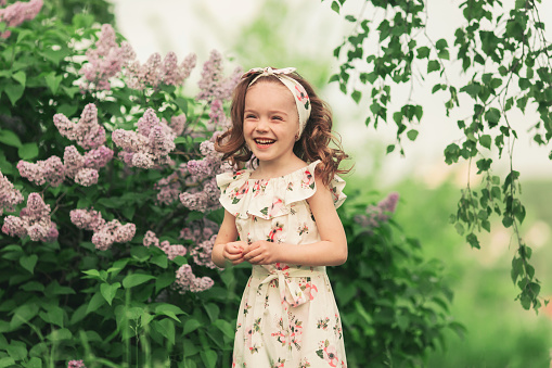Adorable little girl in blooming apple tree garden on beautiful spring day. Cute child picking fresh apple tree flowers at spring.