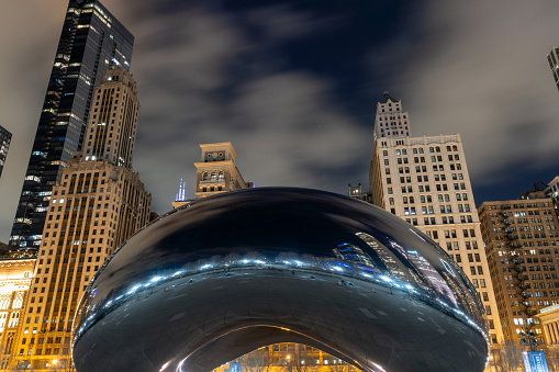 Chicago, IL, USA\n- March 20, 2020\n-  “The Bean” the nickname of the Cloud Gate that is a sculpture by Indian-born British artist Anish Kapoor located in Millennium Park in the Loop.  The Bean opened in 2006 and took two years to construct.