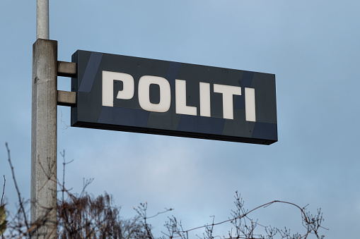 Danish sign outside a police station, Frederikssund, Denmark, January, 21, 2023