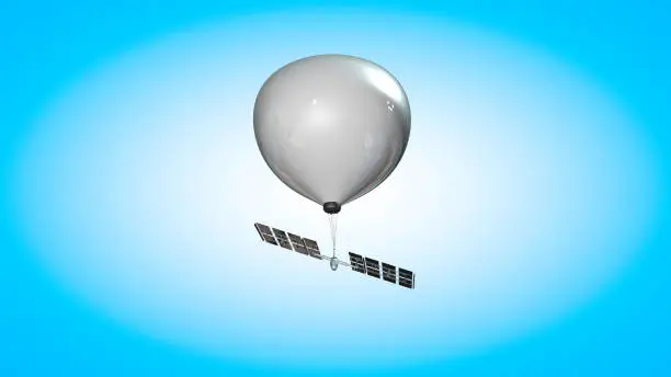 Spy balloon. Weather balloon with solar panels. View from the ground. Aerostatic balloon. 3d rendering