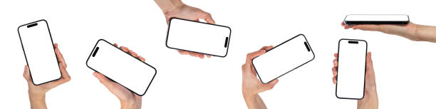 istock Phone in hand, set. Modern, new phone in hand isolated on white background from different angles. Mockup set, smartphones in hands from different sides to be inserted into the project 1462796141
