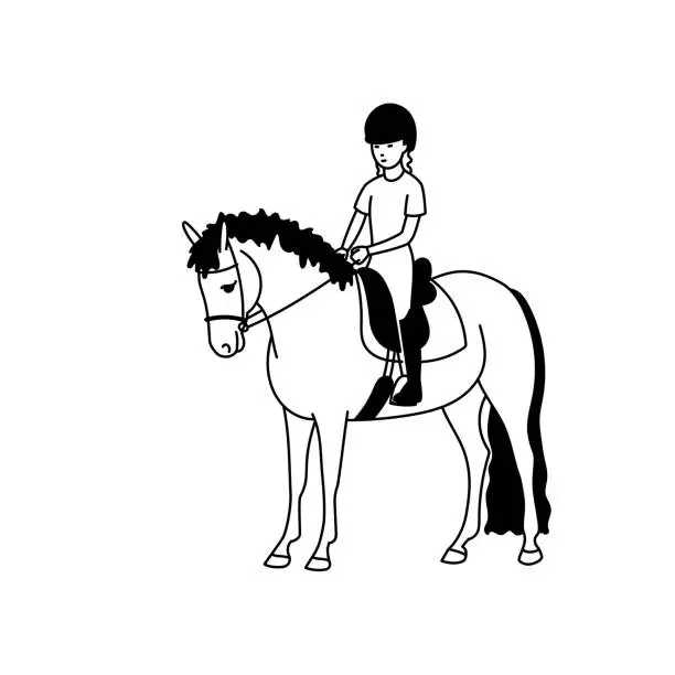 Vector illustration of Cute girl riding a pony in training. Black and white flat vector Illustration