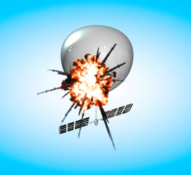 spy balloon. weather balloon with solar panels. view from the ground. explosion - chinese spy balloon 個照片及圖片檔