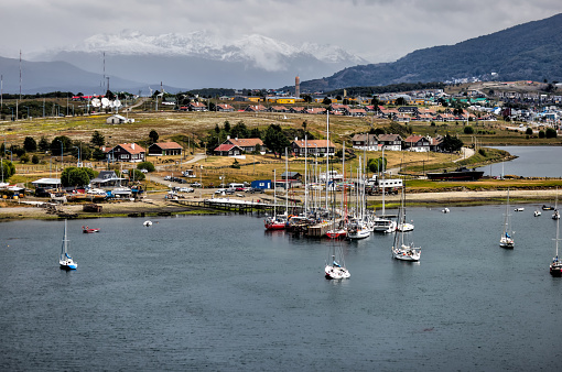 The harbour and shoreline of Ushuaia in the Beagle Channel, Tierra del Fuego, southern Argentina