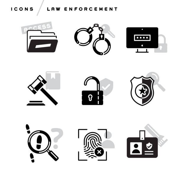 Creative abstract vector art illustration of law enforcement icons Creative abstract vector art illustration of law enforcement icons. Geometric concept black vector folder hand cuffs lock key batch sheriff arrest identification clue magnifying glass gavel judge shield finger print password computer scan cop files create layout graphic search online crime scene investigation stock illustrations