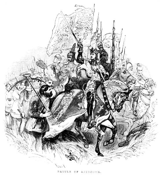 헨리 5세는 아쟁쿠르 전투에서 영국군을 이끌고 프랑스군을 상대로 승리, 백년 전쟁, 중세 유럽사 - henry v stock illustrations