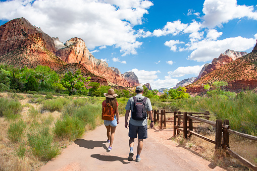 Friends on hiking trip in the red mountains walking on pathway on summer vacation.  People hiking in red mountains.Zion National Park, Utah, USA