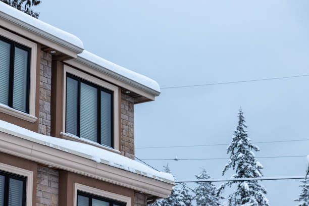 The close up image of modern authentic European house roof and window in winter season stock photo