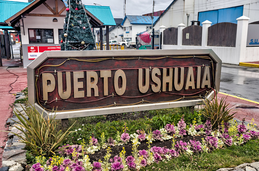 Ushuaia, Argentina - December 28, 2022: Signage welcoming visitors to Ushuaia, Argentina