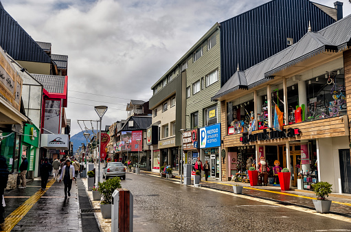 Ushuaia, Argentina - December 28, 2022: The main street of Ushuaia, Argentina
