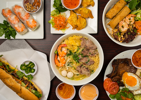 Flat lay composition of Vietnamese food