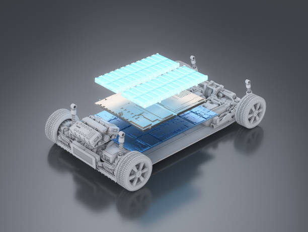 istock Electric car with pack of battery cells module on platform 1462826166