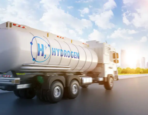 3d rendering logistic hydrogen tank on semi trailer truck out for deliver