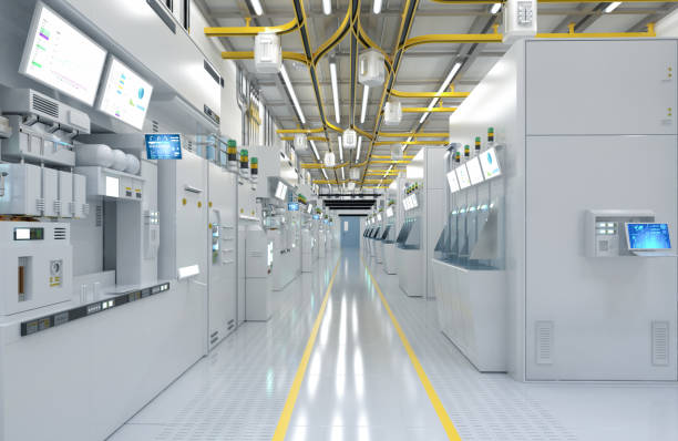 istock White futuristic semiconductor manufacturing factory or laboratory interior with machine and computer screen 1462826496