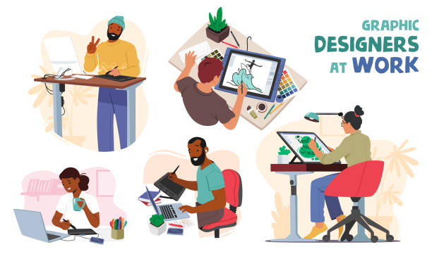 bildbanksillustrationer, clip art samt tecknat material och ikoner med set of graphic designers at work. creative male and female characters passionate about design and seeking new challenges - illustratör