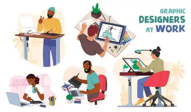 Vector illustration of Set Of Graphic Designers At Work. Creative Male And Female Characters Passionate About Design And Seeking New Challenges