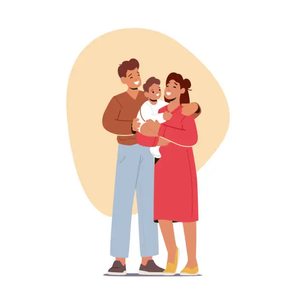 Vector illustration of Happy Family Characters Parents Holding Child on Hands, Smiling Baby Dressed In Cute Outfits. Family Exudes Love