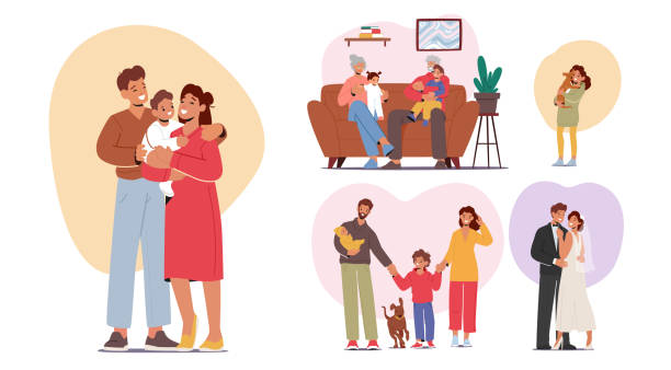 ilustraciones, imágenes clip art, dibujos animados e iconos de stock de conjunto de familia feliz, padres personajes sosteniendo al bebé en las manos, niños y abuelos sonrientes, recién casados - familia feliz