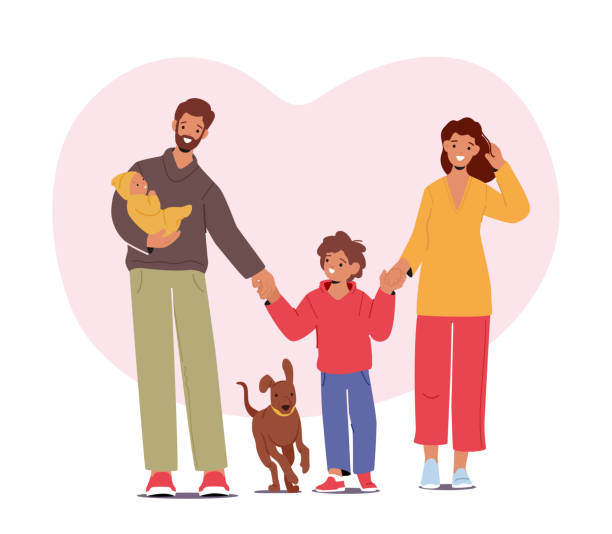 ilustrações, clipart, desenhos animados e ícones de jovens personagens da família crianças, pais e animais de estimação desfrutando de caminhada ao ar livre, ligação e passar tempo juntos - familia