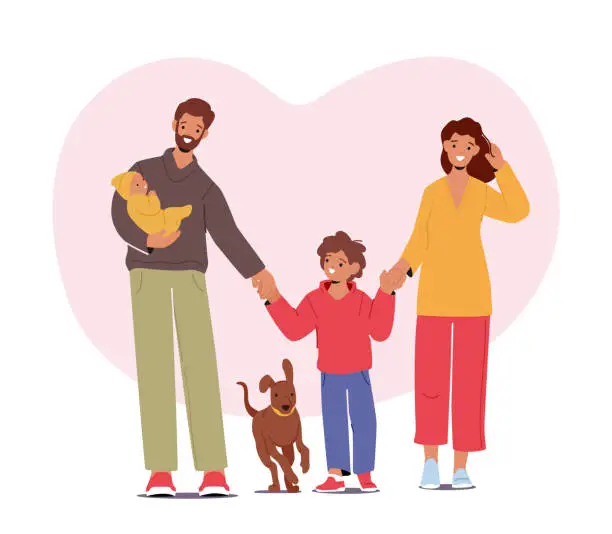 Vector illustration of Young Family Characters Children, Parents And Pet Enjoying Outdoor Walk, Bonding And Spending Time Together