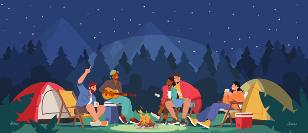 Young People Spend Time at Night Summer Camp in Deep Forest. Active Tourist Characters Sitting on Field with Tents, Playing Guitar at Campfire. Friends Company on Vacation. Cartoon Vector Illustration