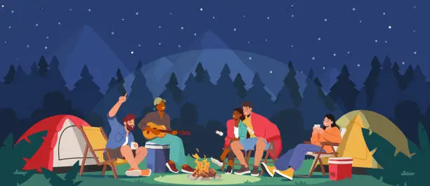 Vector illustration of Young People Spend Time At Night Summer Camp In Deep Forest. Active Tourist Characters Sitting On Field With Tents