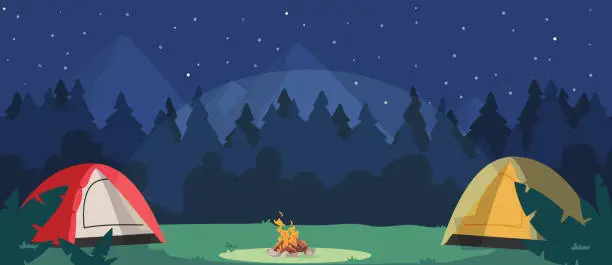 Vector illustration of Night Camping With Tents And Campfire. Tourist Place In Dark Forest. Cozy Traveler Halt On Nature Landscape With Trees
