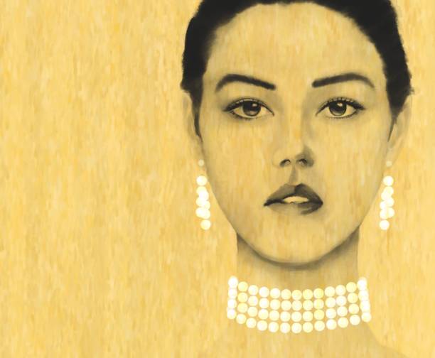 illustrazioni stock, clip art, cartoni animati e icone di tendenza di ritratto di giovane donna con i gioielli di perla - colletto alzato