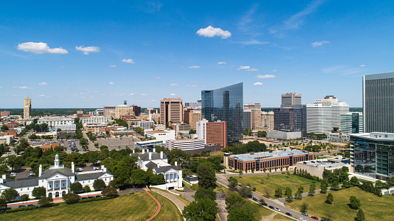 Aerial view of Downtown Richmond business and financial district over the Gamblers Hill Park, Richmond, Virginia, on a sunny day.