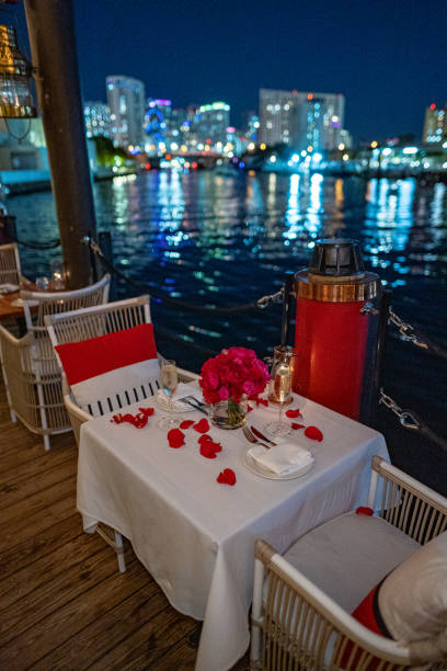 istock Romantic Valentine's Day table setting on water with city skyline 1462828475