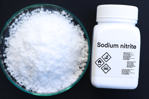 Sodium nitrite in bottle , chemical in the laboratory and industry, Chemicals used in the analysis
