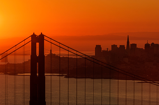 Tight shot of Golden Gate Bridge at sunrise, with San Francisco city silhouetted in middle ground and clouds in the background.

Taken from Marin Headlands San Francisco, California, USA