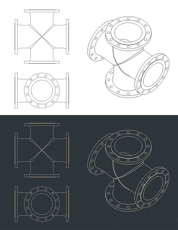 Stylized vector illustrations of blueprints of flanged cross