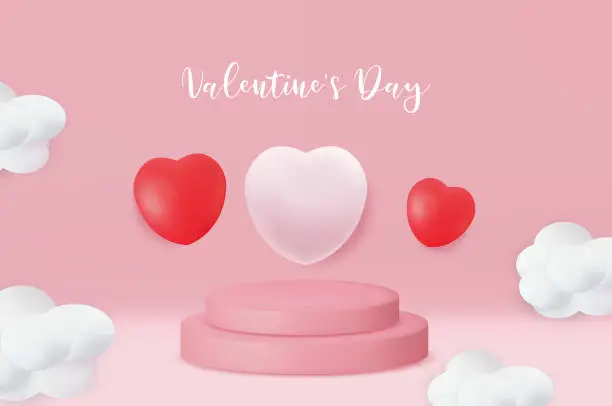 Vector illustration of Valentine's Day on pink background. Realistic 3d stage podium, festive decorative objects, heart shaped , XO, love pink, Holiday banner.
