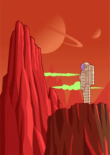 Vector illustration of Vector Solo Astronaut Landed on a New Planet Cartoon Poster Stock Illustration