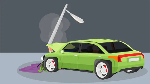 Vector illustration of Damage car crash pole light accident cannot drive. There was steam coming out of the radiator.The front is severely damaged.