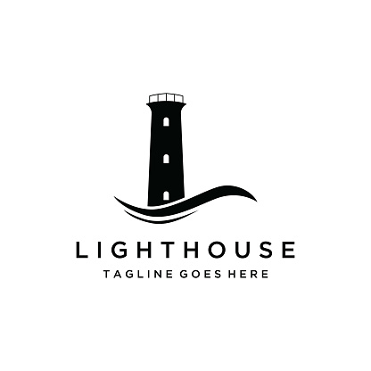 Sea lighthouse tower building creative symbol with spotlights vintage vector template.