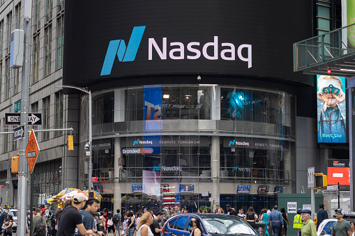New York, NY, USA - July 6, 2022: Front view of the NASDAQ MarketSite, which occupies the northwest corner at the base of the 4 Times Square building, in Midtown Manhattan, New York City.