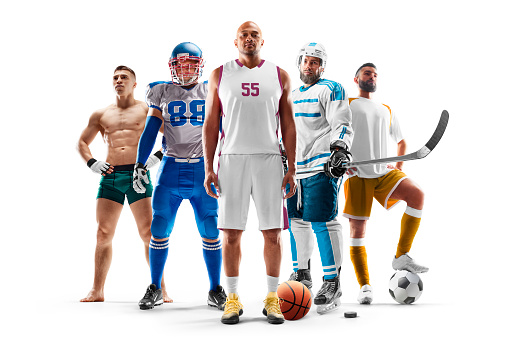 Sport collage. Basketball, american football, hockey, MMA, soccer. Professional athletes. Isolated in white. Set of images of different professional sportsmen