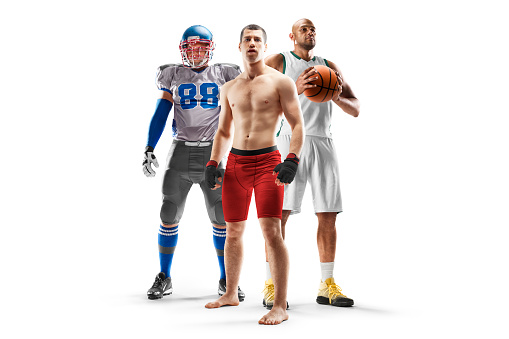 Sport collage. MMA, american football, basketball. Professional athletes. Isolated in white. Set of images of different professional sportsmen