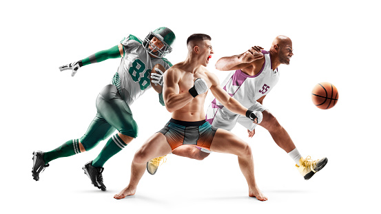 Sport in action. MMA, american football, basketball. Sport emotion. Professional athletes. Sport collage. Isolated in white. Set of images of different professional sportsmen