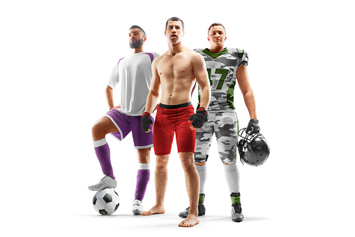 Sport collage. MMA, soccer, american football. Professional athletes. Isolated in white. Set of images of different professional sportsmen