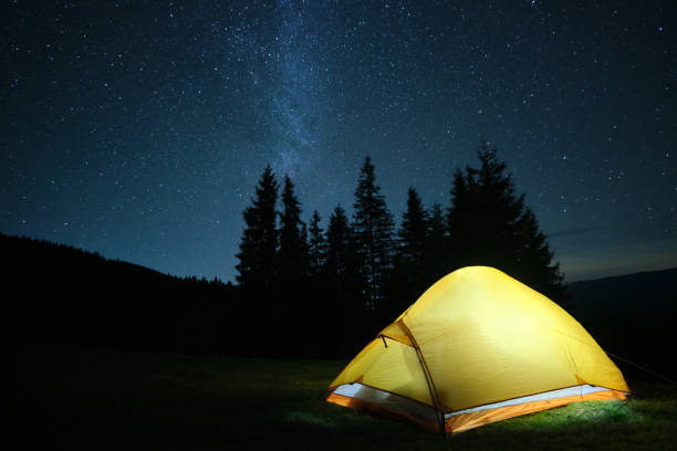 istock Bright illuminated tourist tent glowing on camping site in dark mountains under night sky with sparkling stars. Active lifestyle concept. 1462900574
