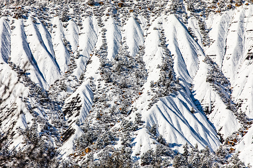 Full frame of of snow covered dramatic mountain landscape. Winter scene in the USA.